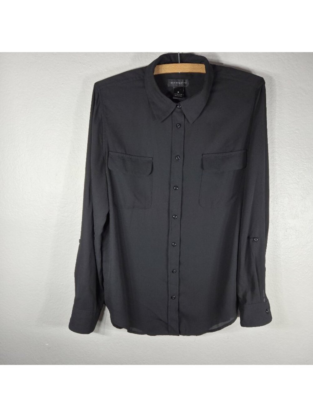 Investments Black Sheer Long Sleeve Button Up Blouse Roll Tab Sleeve Size M